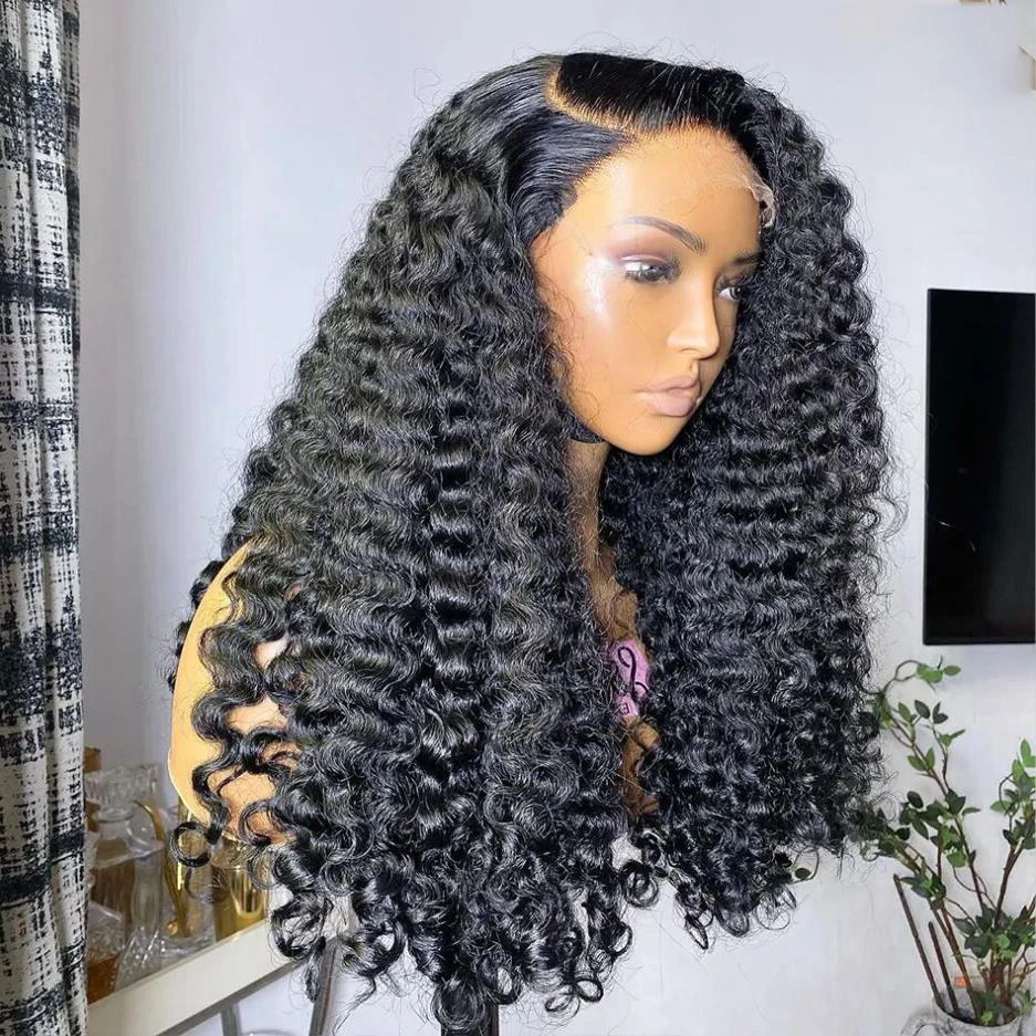 Peluca larga y rizada con malla frontal para mujer, pelo de bebé prearrancado sin pegamento, suave, 28 pulgadas, 200% de densidad, color negro Natural