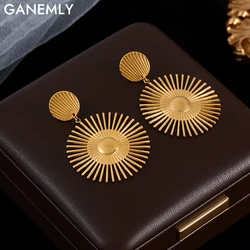 GANEMLY 316L Stainless Steel Exaggerated Golden Flower Dangle Earrings For Women Fashion Waterproof Jewelry Gift Party Bijoux
