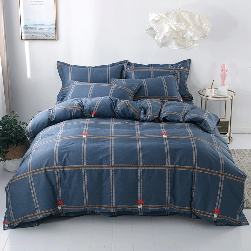 Pure Cotton Dark Blue Duvet Cover for Kids Adults Geometric Line Printed Soft Skin-friendly Quilt Cover Cartoon Mushroom Bedding