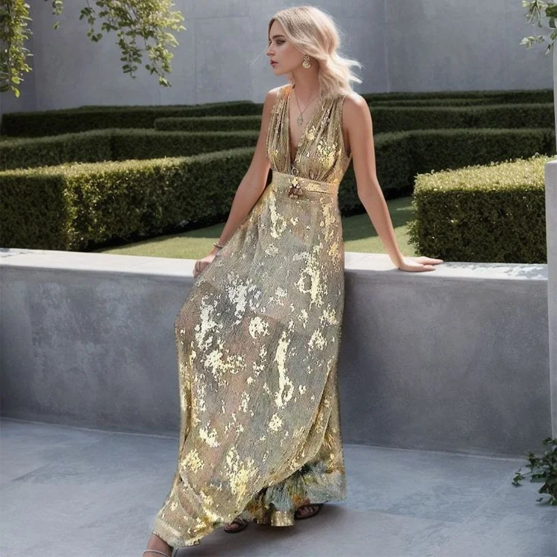 Seidiges Slip-Kleid mit V-Ausschnitt für Damen, Sommer, durchsichtig, geometrischer Druck, A-Linie, Midikleid, elegant, lässig, Strandmode, ärmelloses Sonnenkleid ​