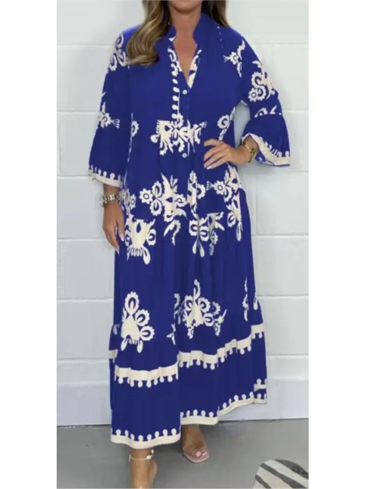 Women\'s Printed Loose Ethnic Retro Dress Spring Autumn V Neck Button A-Line Long Dress Summer 3/4 Sleeve Bohemian Maxi Dresses