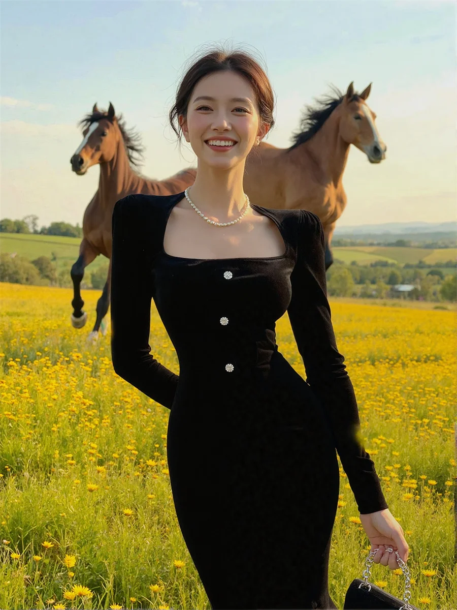 Vestidos femininos estilo coreano preto drapeado em camadas babados até o tornozelo aline linha a all-match alternativo para todas as estações