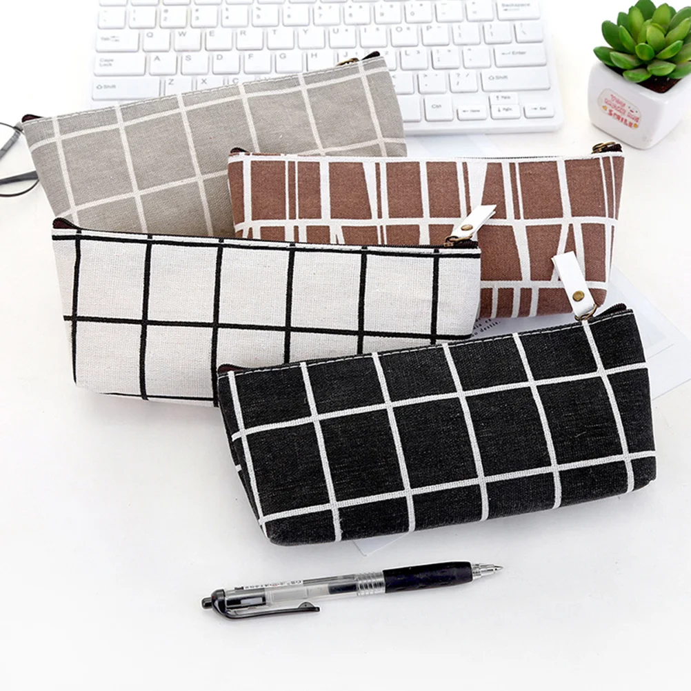 

2pcs Canvas Pencil Case Large Capacity Stationery Storage Bag Striped Design White Grey Smooth Zipper Durable Multifunctional