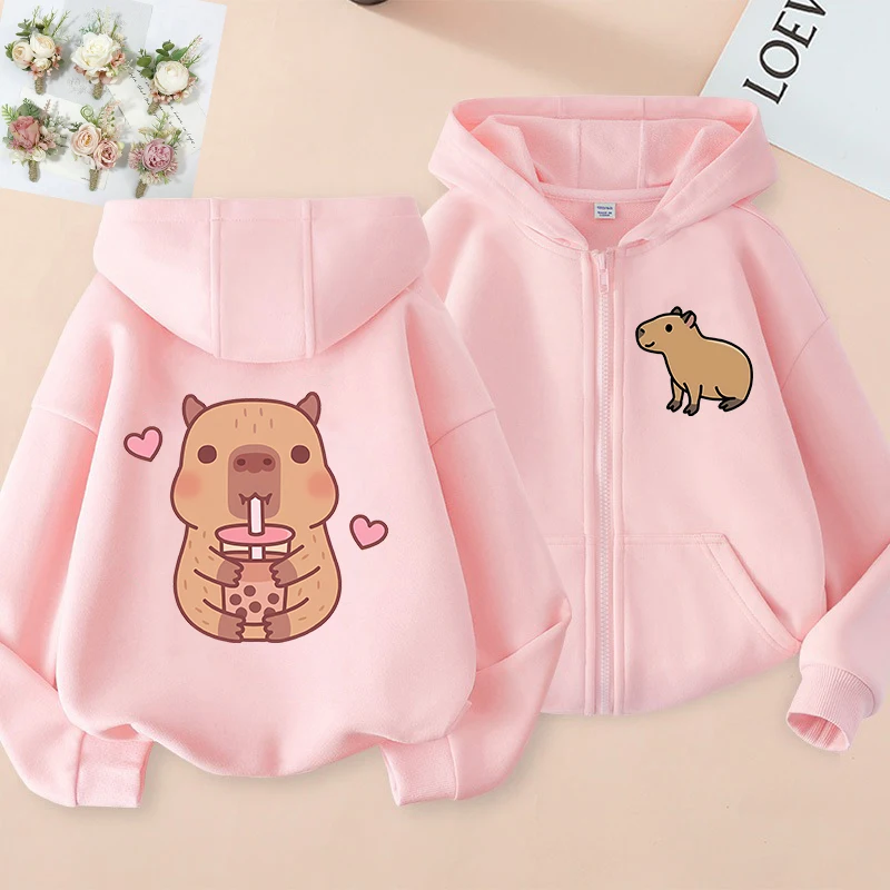 Lustiger Kinder-Capybara-Kapuzenpullover mit Reißverschluss, Kinder-Kapibara-Sweatshirt, Manga-Kleidung, Kinder-Oberteil für Mädchen und Jungen – Detail 4