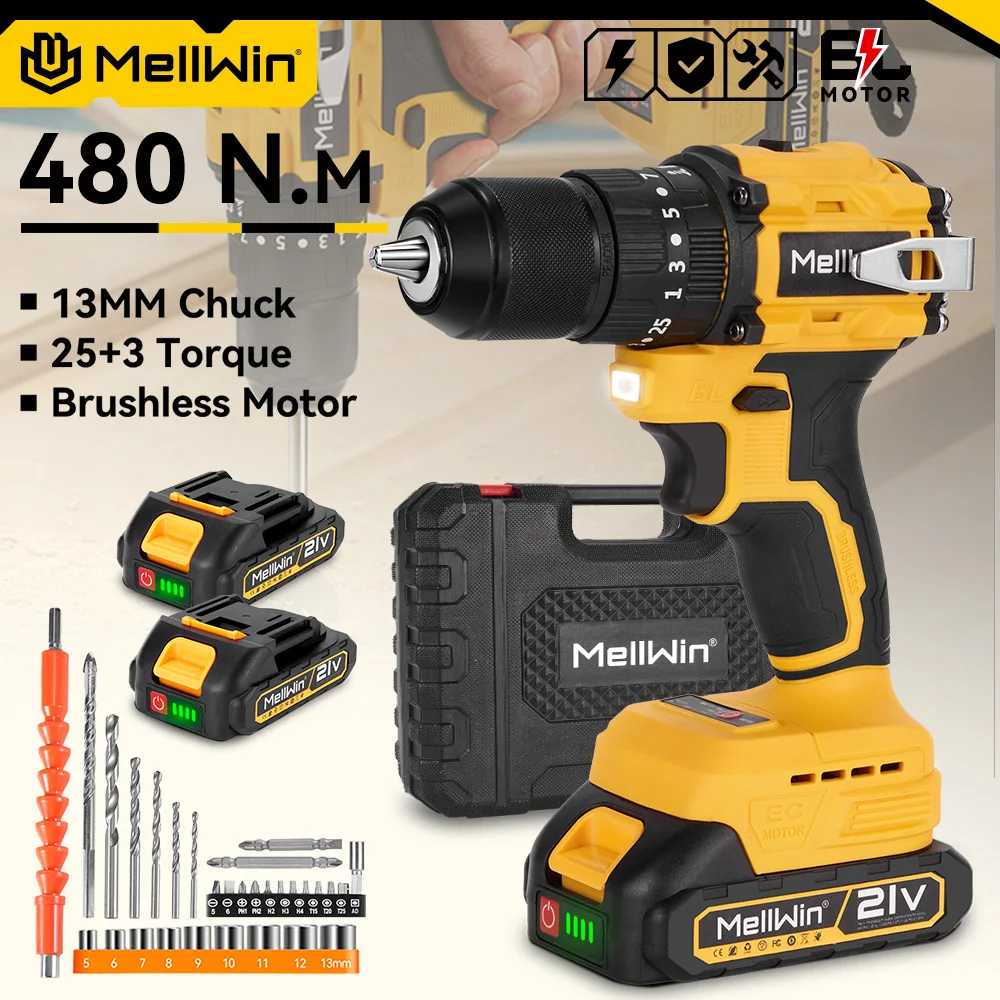 Image of MELLWIN Bürstenloser 480N.M Elektro-Schlagbohrschrauber 3-in-1 Multifunktions-Akku-Handbohrmaschine Schraubendreher Elektrowerkzeug für Makita 18V Akku