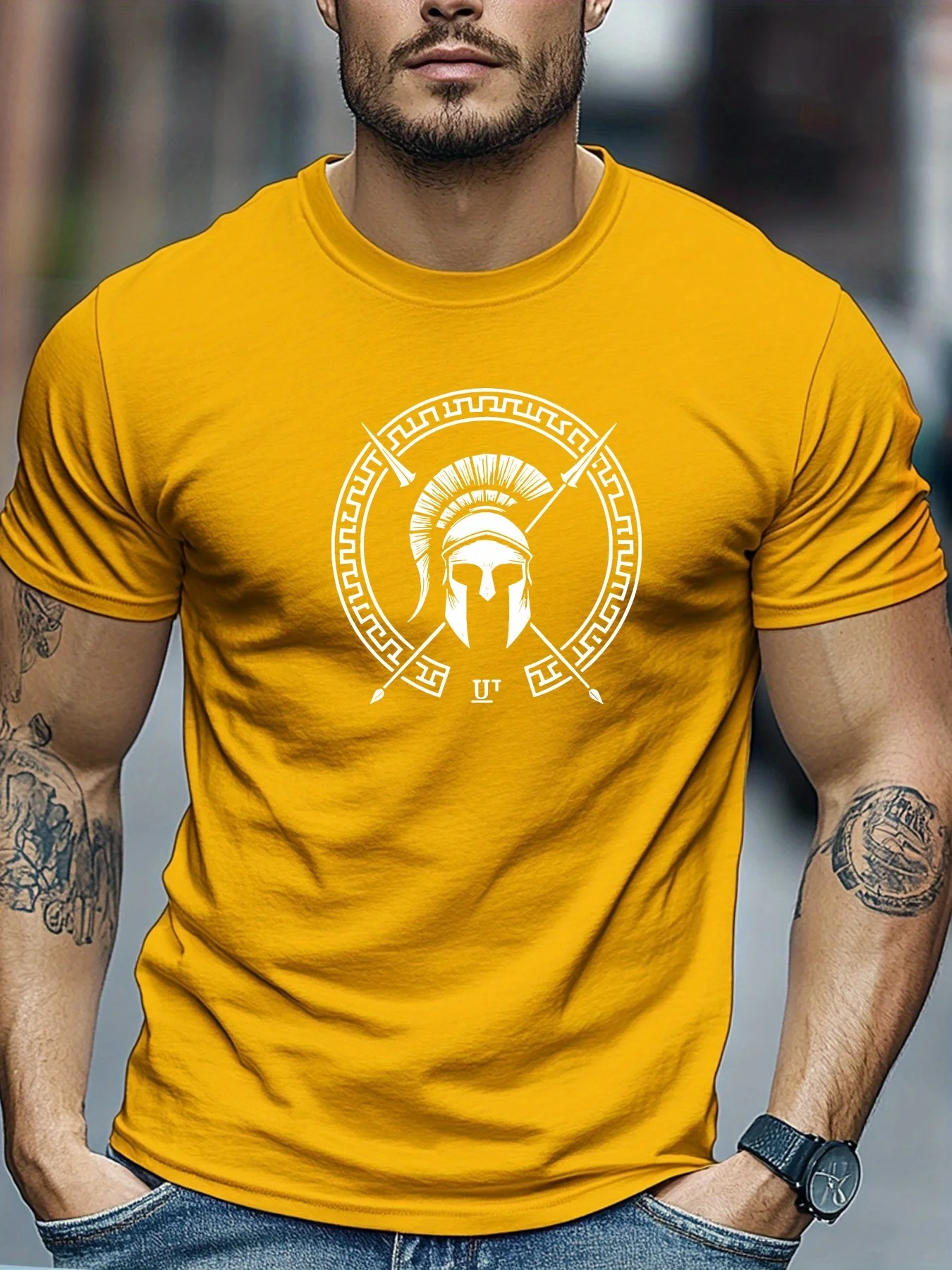 Camiseta masculina de verão 100% algodão puro, casual, solta, com estampa de capacete espartano, respirável, esportiva, de manga curta e gola redonda.