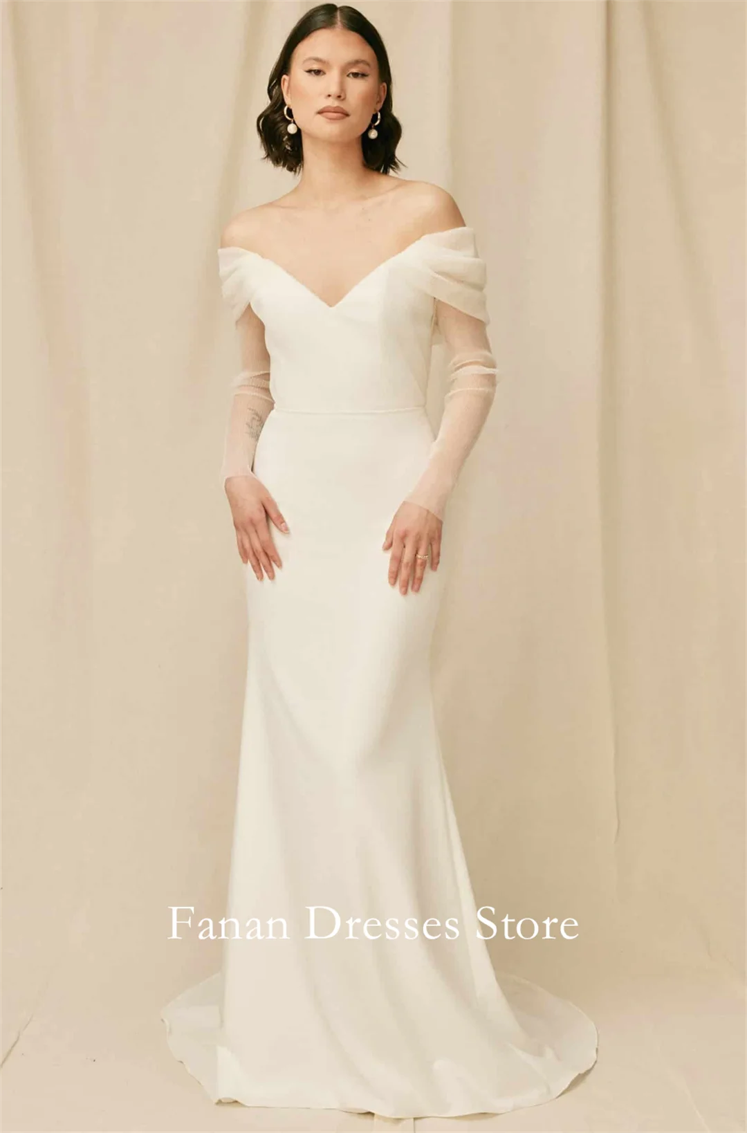

FANAN Корейское элегантное атласное свадебное платье с открытыми плечами и скользящим шлейфом с длинными рукавами 웨딩드레스 цвета слоновой кости по индивидуальному заказу, красивая невеста