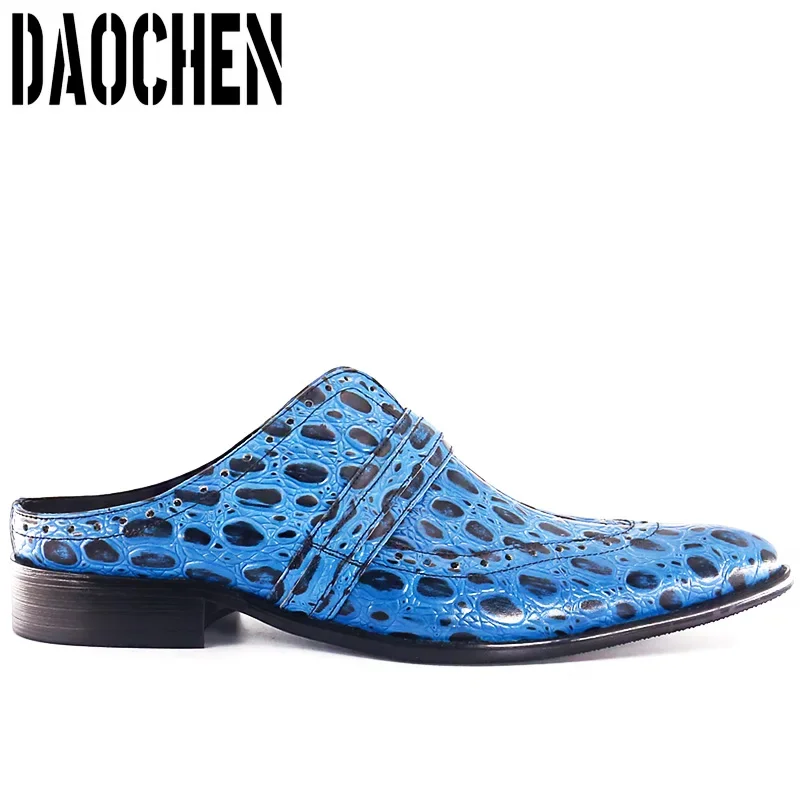 Luxury Mens Leather Shoes Blue Black Slip On Lizard Print Casual Dress Men Shoes Summer Party Banquet Half Shoes For Men