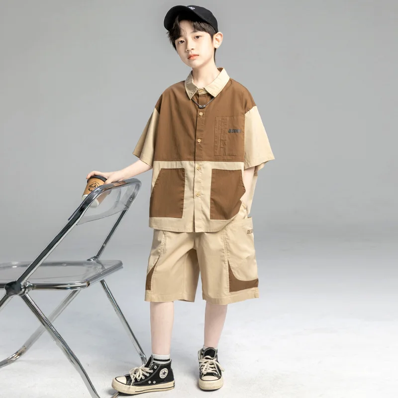 2pcs Children Summer Fashion Casual Button Up Shirt and Shorts Set for Teen Boy Stylish Outfit Daily Wear Kids Clothes