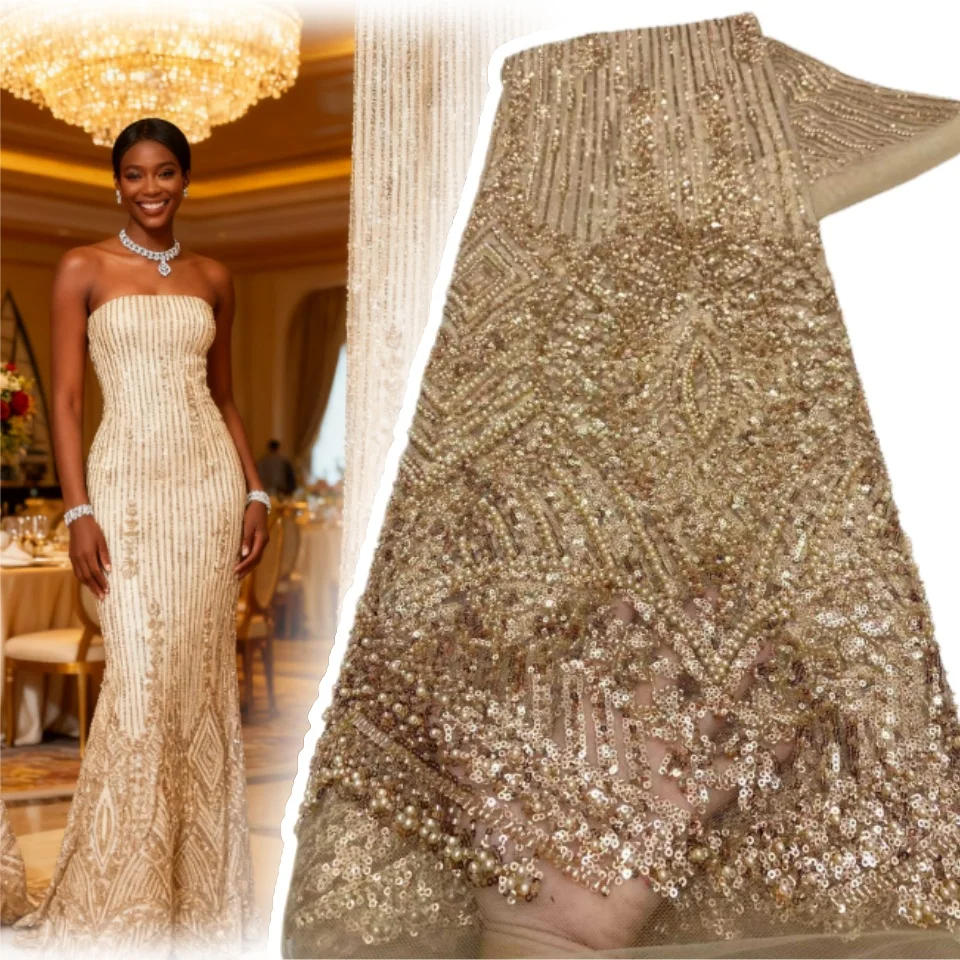 

Luxury African Lace Fabric 2026 High-Quality French Nigerian Sequined Beaded Lace Fabric Suitable for Party Dresses 5Yards 1892