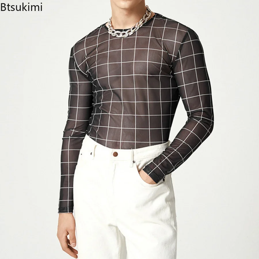 2024 Men's Transparent Sexy Mesh T Shirt Spring Summer Top Plaid O Neck Long Sleeve Muscle Nightclub Party Slim Fit Top Clothing