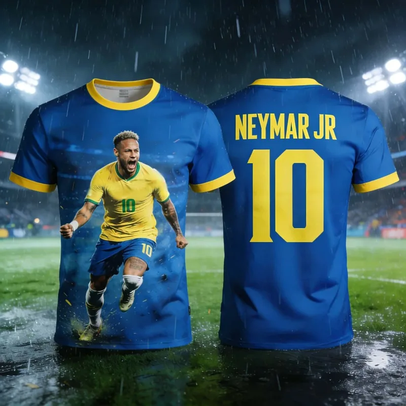 Neymar Jr Brasilien Fußball-Fan-T-Shirt Schnelltrocknend Atmungsaktives Fußballtrikot 3D-Gedrucktes Kurzarm-Oberteil Trainings-Sportbekleidung