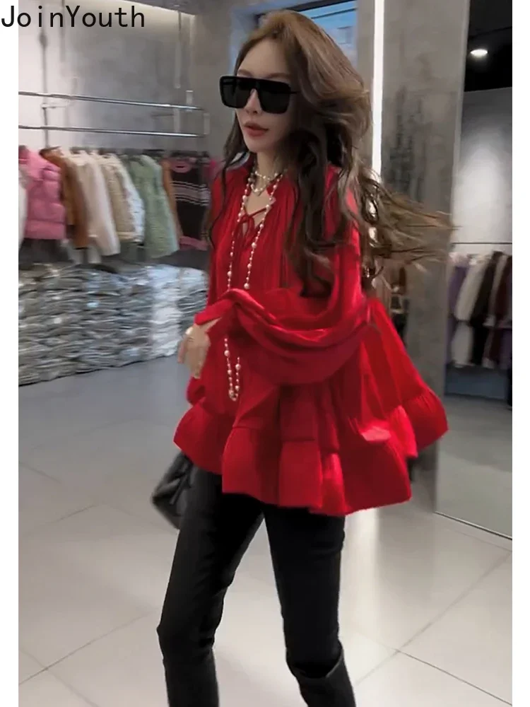 Vintage Shirts Women Loose Summer Chiffon Blouses Solid Color Long Sleeve V-neck Ruffles Blouse Tops 2024 Blusas Mujer De Moda