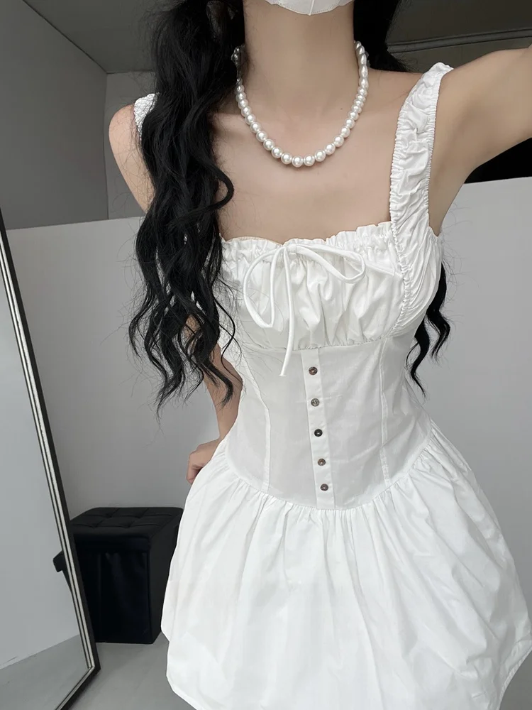 Romantyczna sukienka Godd Long Dr z kwadratowym dekoltem, na ramiączkach, wyszczuplająca, plisowana, idealna na wakacje, damska, w stylu francuskim, elegancka.