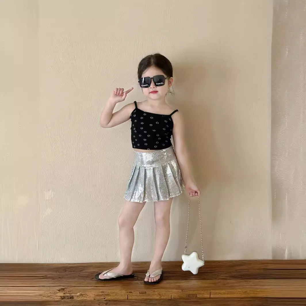 Girl Half Skirt Dress 2024 Summer New Girls Sequin Skirt Korean Style Children Pleated Skirt Anti-slip Skirts Birthday Skirts