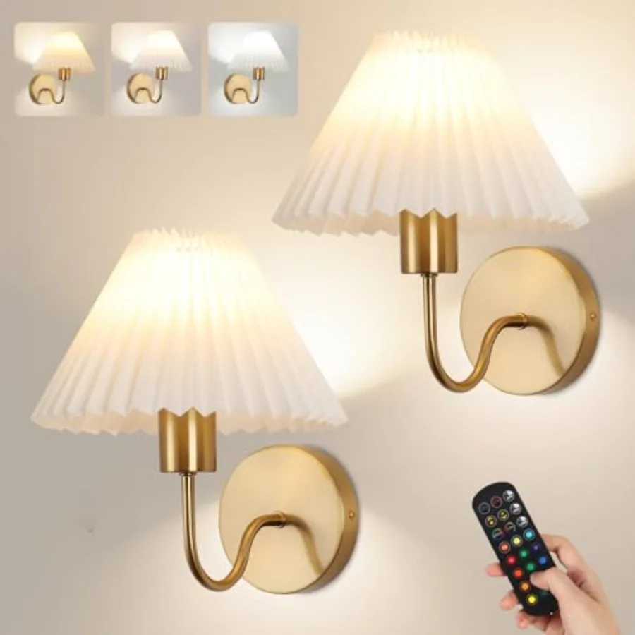 

Wireless Wall Sconce Sets of 2 Pleated Shades Rechargeable Battery Operated Wall Sconce Retro gooseneck Wall Lights Bathroom Va