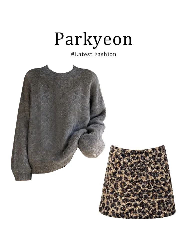Parkyeon High Waist Leopard Print A-Line  Skirt Women's Sexy Short Skirt Autumn Winter New Style Pure Desire Trendy Skirt