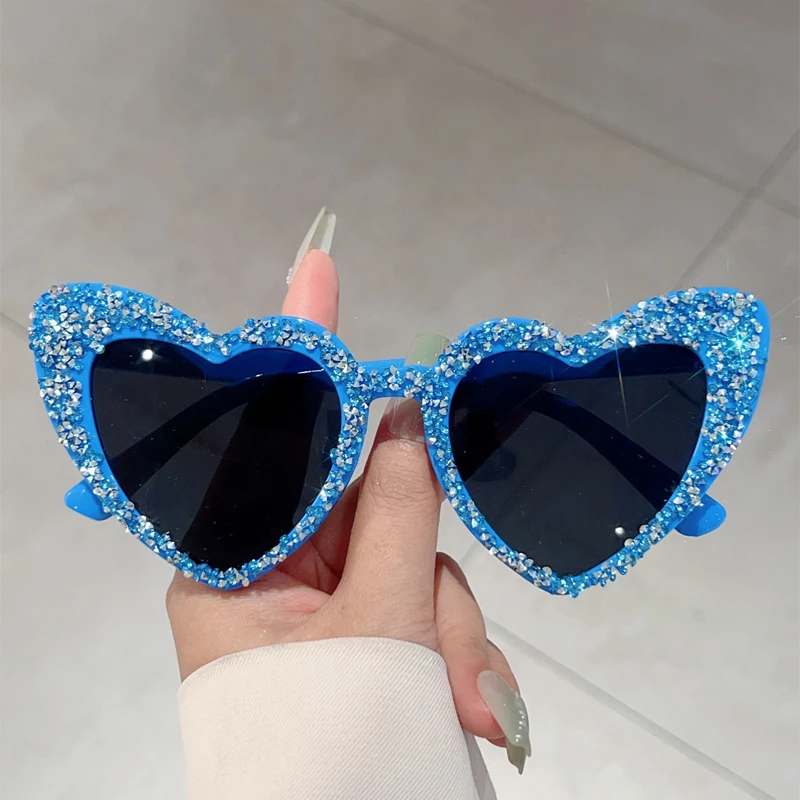 KAMMPT Vintage Heart Shaped Sunglasses with Rhinestones Women 2024 New Original Sweet Sun Glasses Trendy Brand Decorative Shades