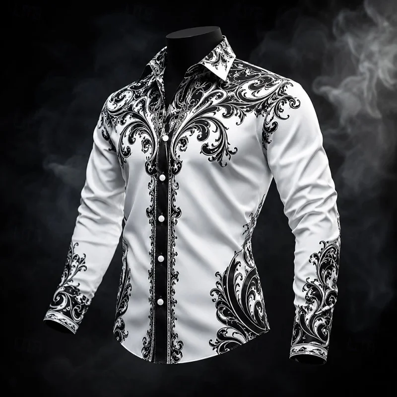 Men's shirt with contrasting Baroque pattern long sleeved shirt, slim fit lapel shirt, casual and comfortable men's clothing