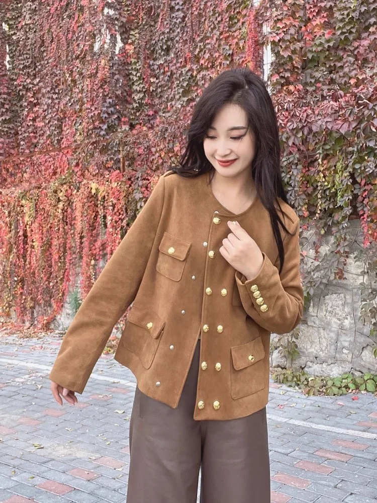 Female Autumn Winter Short Coat Vintage Genuine Suede Jacket Slim Fit Fashion Gold Buttons Double Breasted Elegant Round Collar