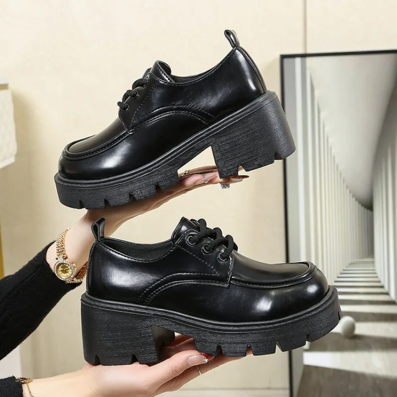 2026 New British Style Lace-upTop Cowhide Full  Shoes Women's Non-slip Thick Sole Heighten Shoes High Heels