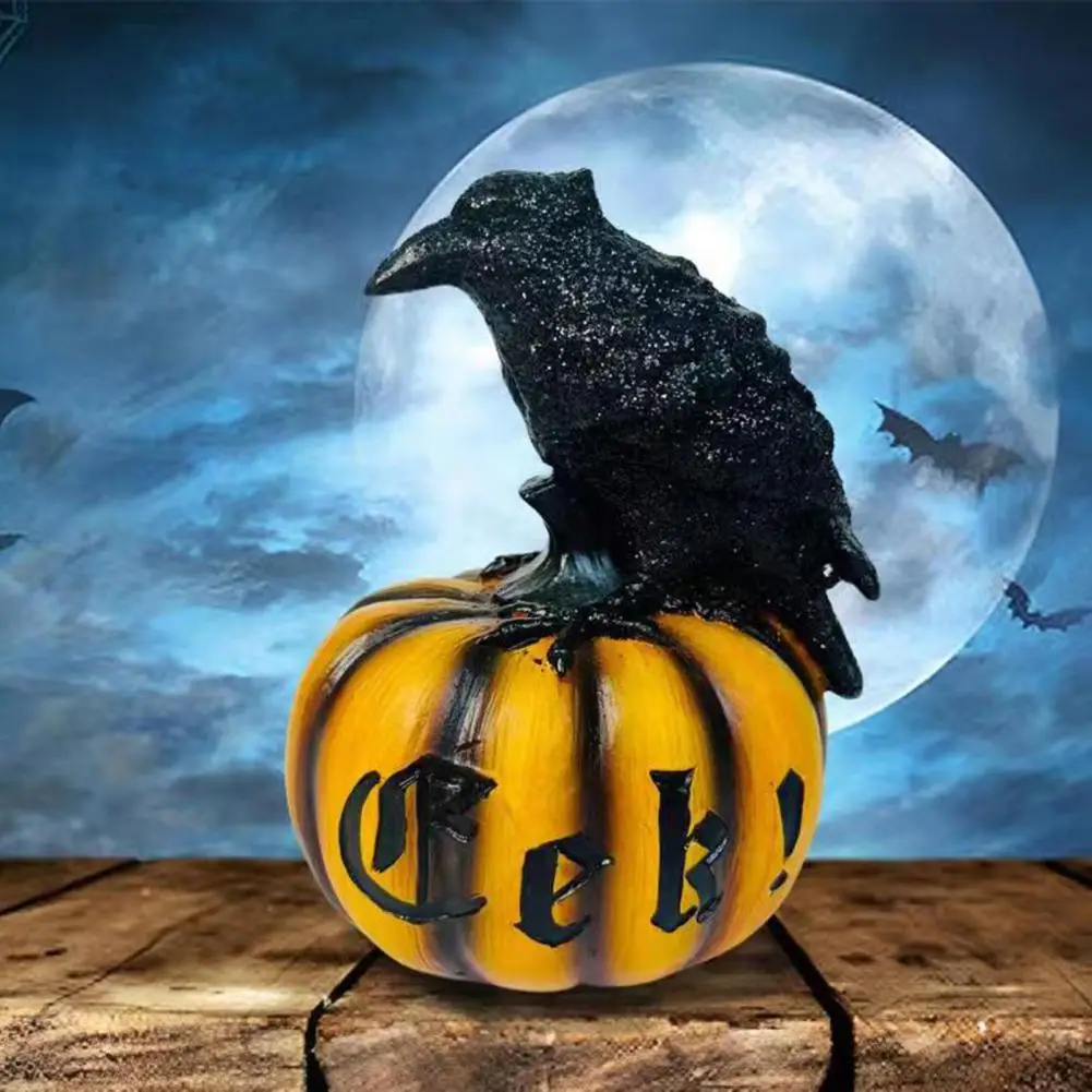 Resin Crow Sculpture Spooky Halloween Crow Black Raven Pumpkin Resin Statue Sculpture for Home Office Decor Festive Desktop