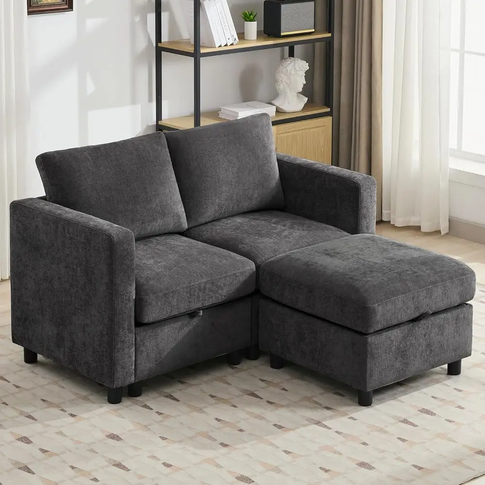 Chic Grey Chenille Loveseat with Storage and Ottoman for Living Room or Bedroom
