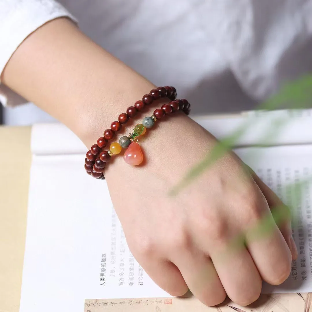 

Purple sandalwood paired with agate double piece multi treasure bracelet, retro new Chinese style double circle bracelet