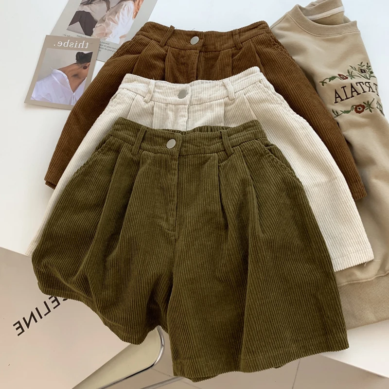 Matakawa Corduroy Shorts Mujer Japanese Style Autumn Winter Solid Women Pants Simple Vintage Loose Fashion Pantalones Cortos