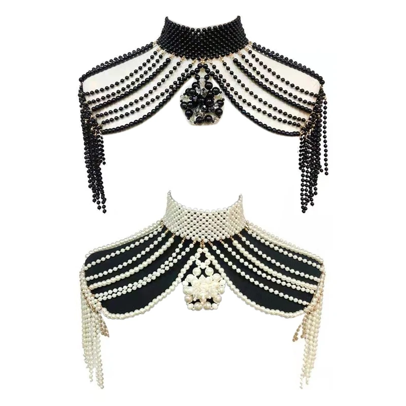 Women Woven Imitation Pearl Beads Necklace High Collar Body Jewelry Bib Pendant Shoulder Chain Wedding Party Shawl Wrap