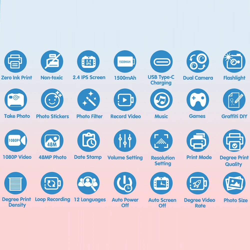 กล้องถ่ายรูปพิมพ์ภาพทันทีขนาดเล็กสำหรับเด็ก หน้าจอ 2.4 นิ้ว กล้องดิจิตอลเด็ก HD วิดีโอ 1080P ของขวัญคริสต์มาส วันเกิด สำหรับเด็กหญิง เด็กชาย อายุ 3-12 ปี