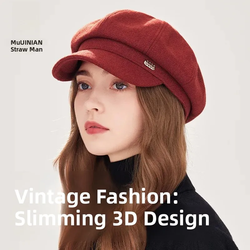 2026 Autumn Winter New Style Beret Hat Women's Face Slimming Eight Corner Cap Red Retro Newsboy Artist Hat Adjustable round Top