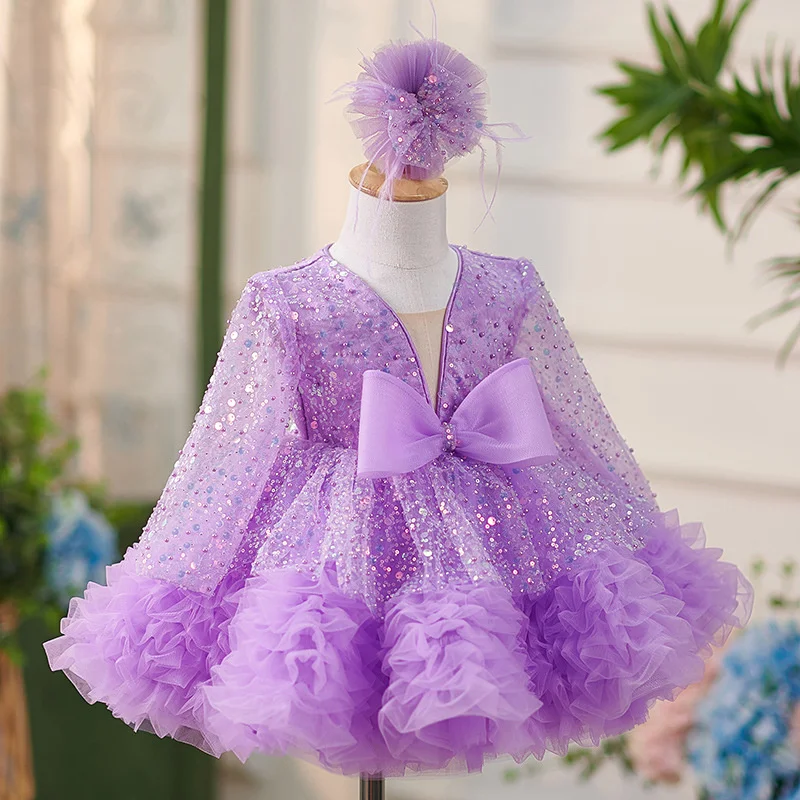 Funkelnde süße lila Pailletten Tüll Blumen mädchen Kleid für Hochzeit Langarm Festzug Kleid Kinder formelle Kleidung