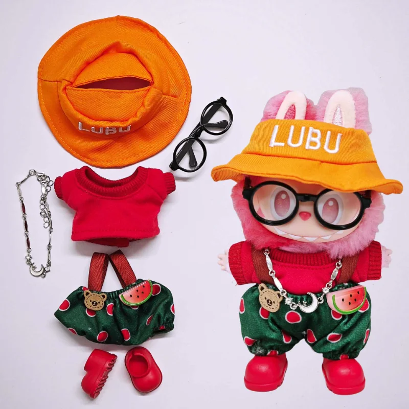 

For 15cm/17cm Labubu V1 V2 V3 Orange Hat Overalls Suit Creative and Versatile Doll Clothes Set for Labubu Peripheral Accessories