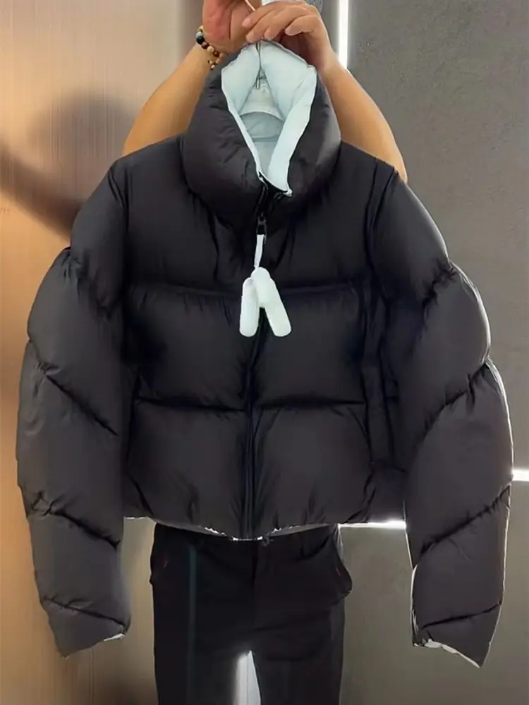 Jaqueta puffer curta para mulheres, casaco acolchoado de algodão, streetwear quente, manga longa, solta, casacos chiques, inverno, nova