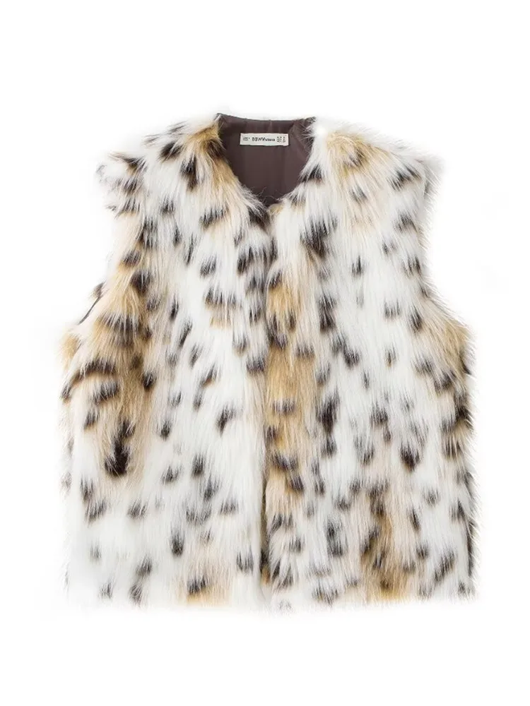 

Zevity Women Fashion O Neck Sleeveless Leopard Faux Fur Vest Jacket Female High Street Winter WaistCoat Tops CT7138