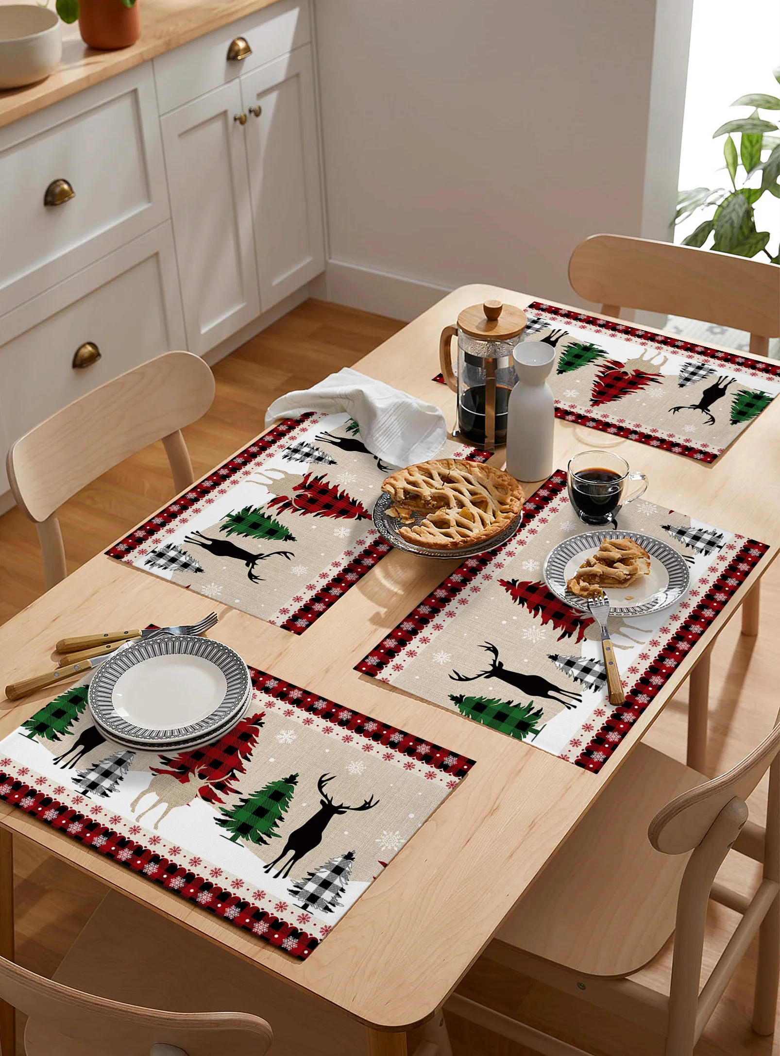 Christmas Tree Snowflake Elk Kitchen Dining Table Decor Accessories 4/6pcs Placemat Heat Resistant Linen Tableware Pads Mats