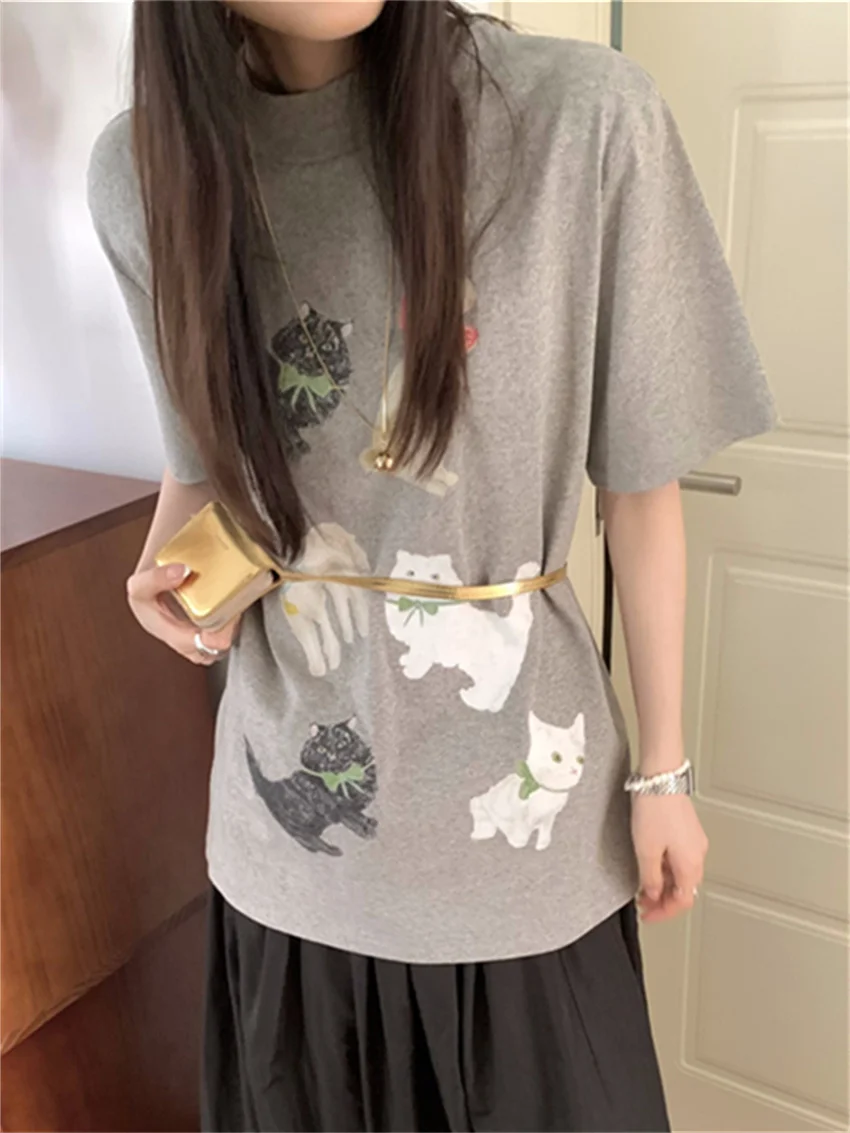 PLAMTEE Grey Mock Neck T-Shirts Women Cotton Cartoon New Loose Summer Half Sleeve Casual 2024 High Street Oversize Tees