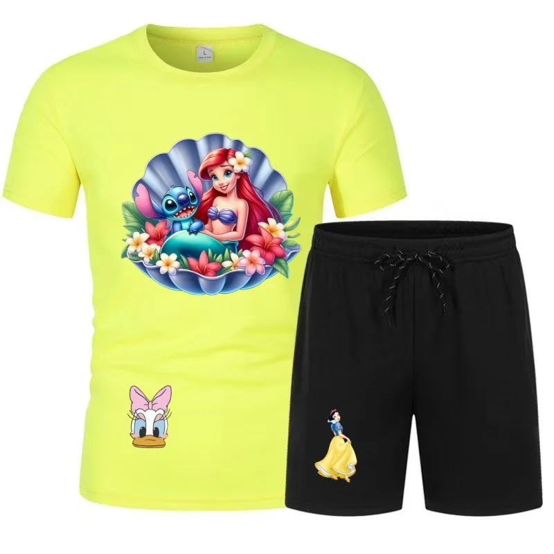 Disney Little Mermaid Stitch Co Branded Printed Short Sleeved Shorts Set Summer Casual Sports Two-Piece Set