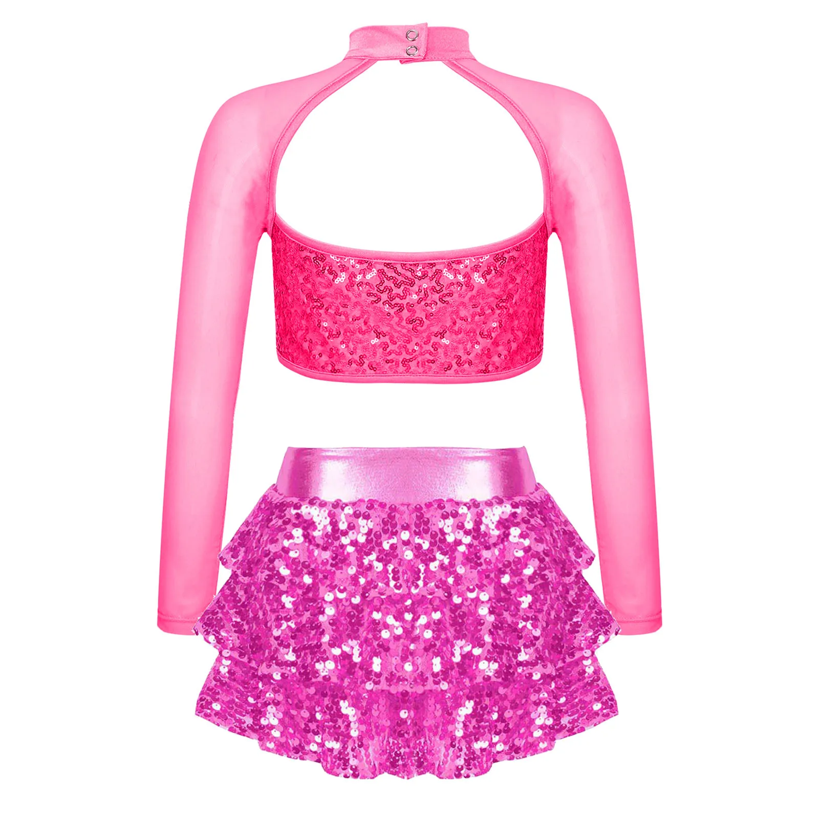 Kinder Lange Mouw Glanzende Pailletten Crop Top Met Rokken Meisjes Jazz Dance Outfit Verjaardagsfeest Kostuum Podium Danskleding