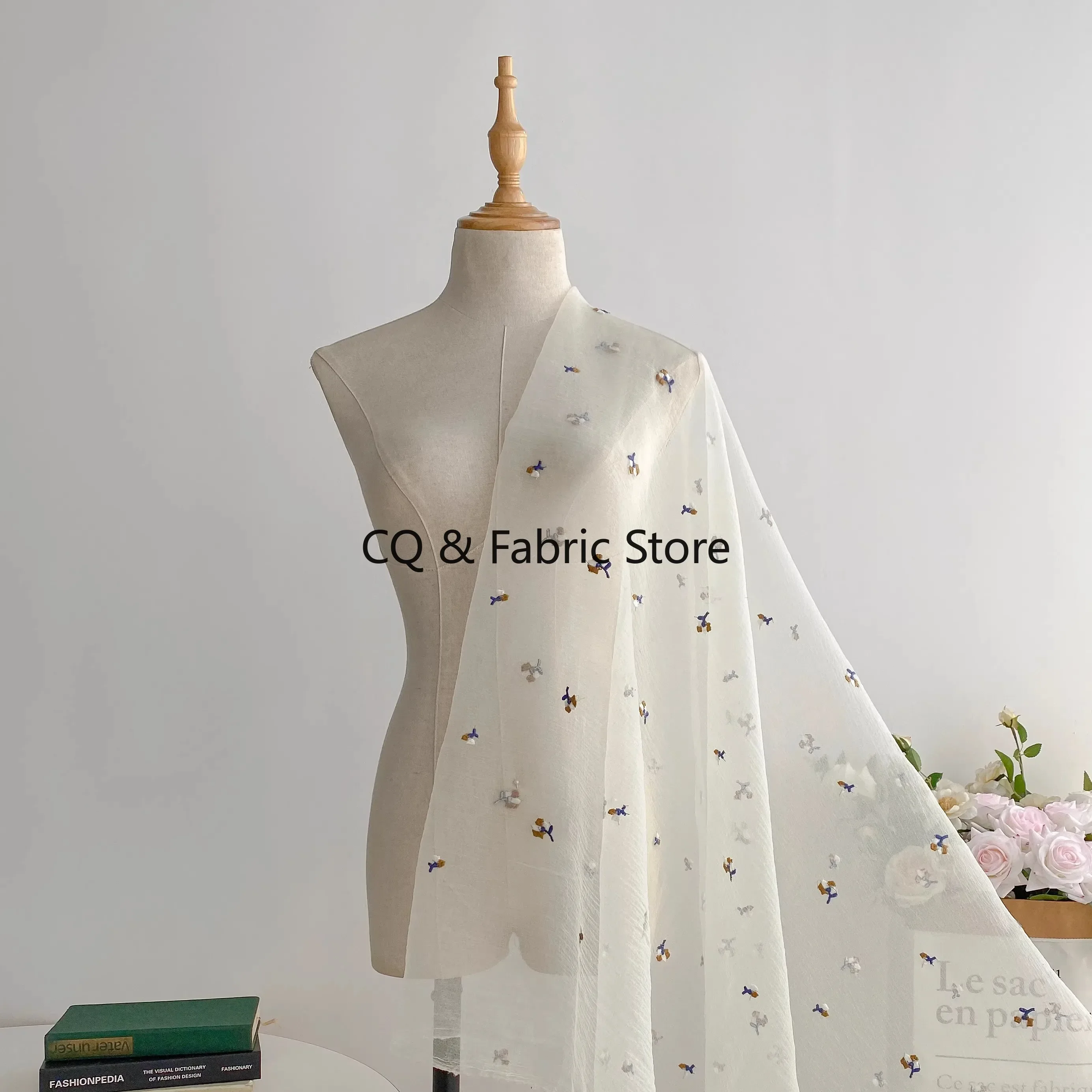 Beige Small Floral Embroidery Pleated Tulle Fabric Fluffy Skirt Dress Girl Dress Clothing Fabric By The Meter
