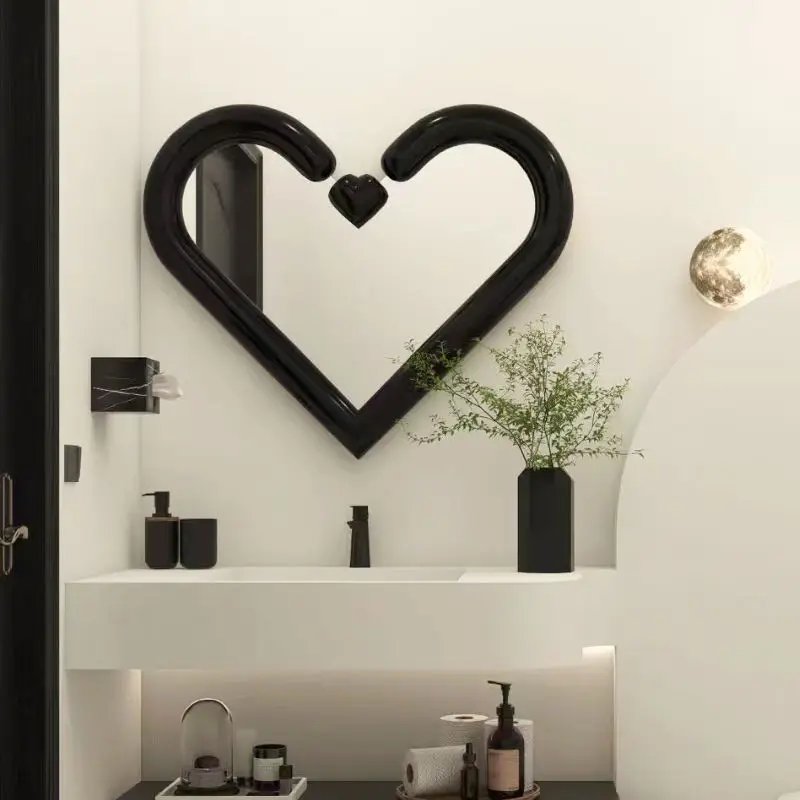 European minimalist heart-shaped creative bathroom mirror, modern style wall mounted decorative mirror, black bathroom mirror