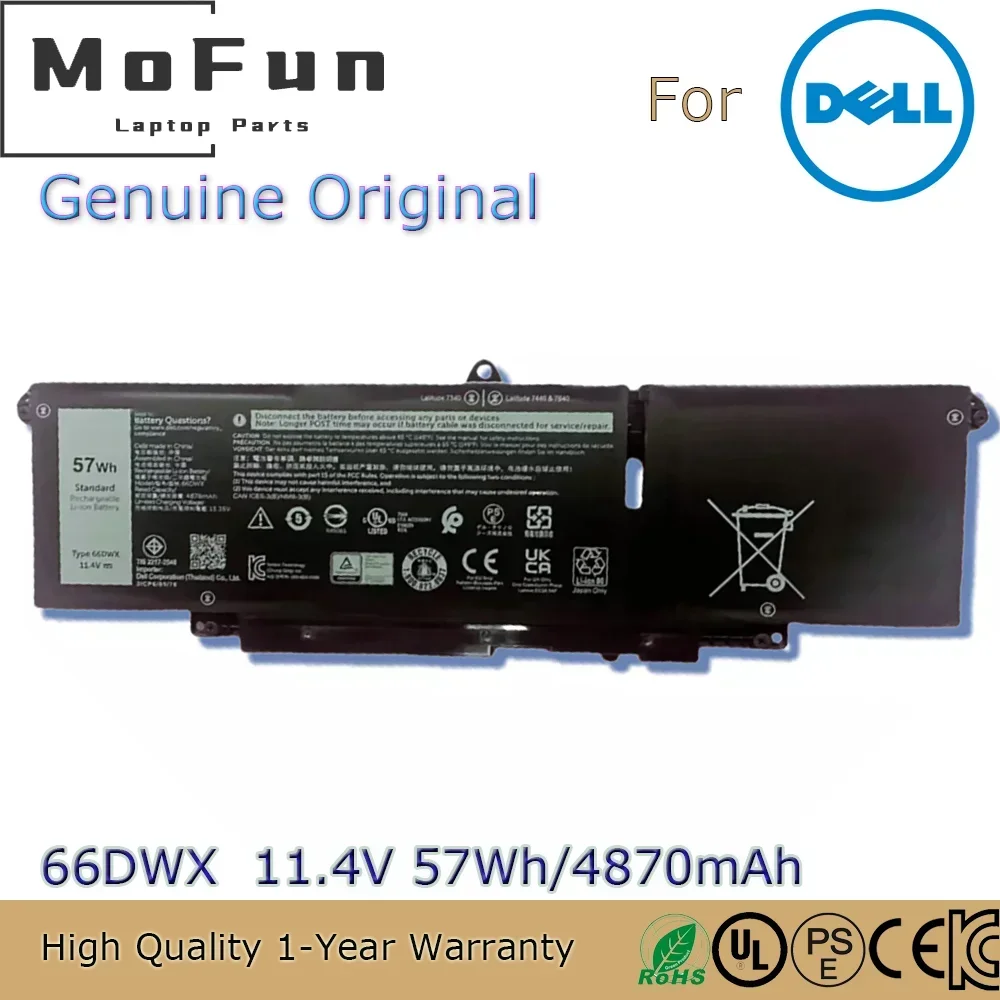 

Brand New Original 66DWX WW8N8 11.4V 57Wh Laptop Battery for Dell Latitude 7340 7440 7640 047T0 0HYH8 P175G P176G 3ICP6/65/78 et