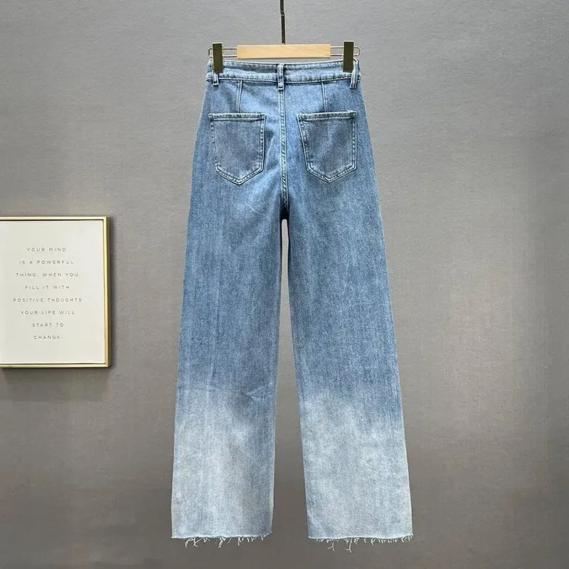 Rhinestone Jeans Women's Wide-Leg Pants 2023 Spring New High Waist Loose and Slimming Mop Pants Fashionable Trousers WJ823