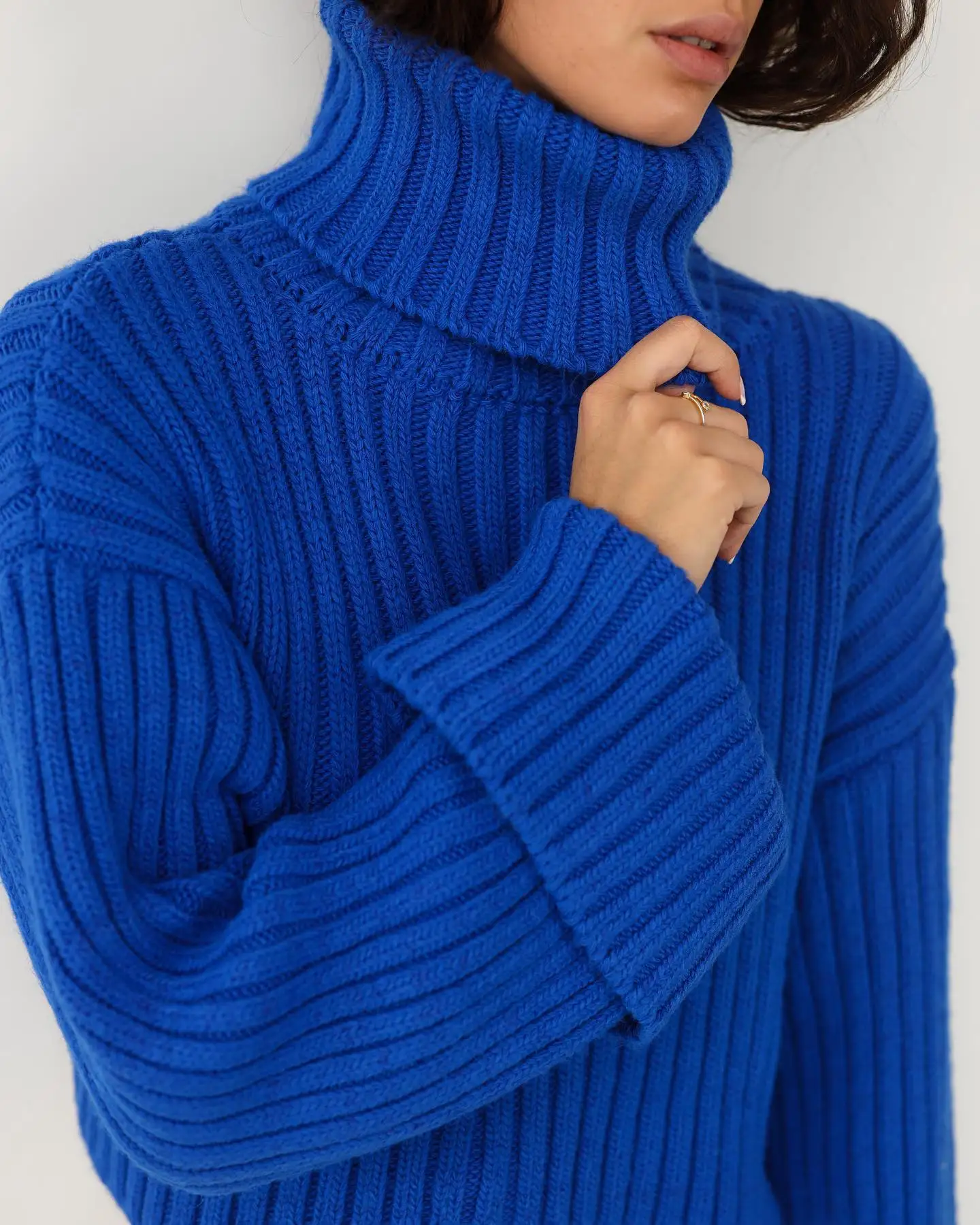 Women y2k Blue Sweater Knit Ribbed Pullover Long Sleeve Turtleneck Loose Crop Top for Casual Streetwear Warm Clothings