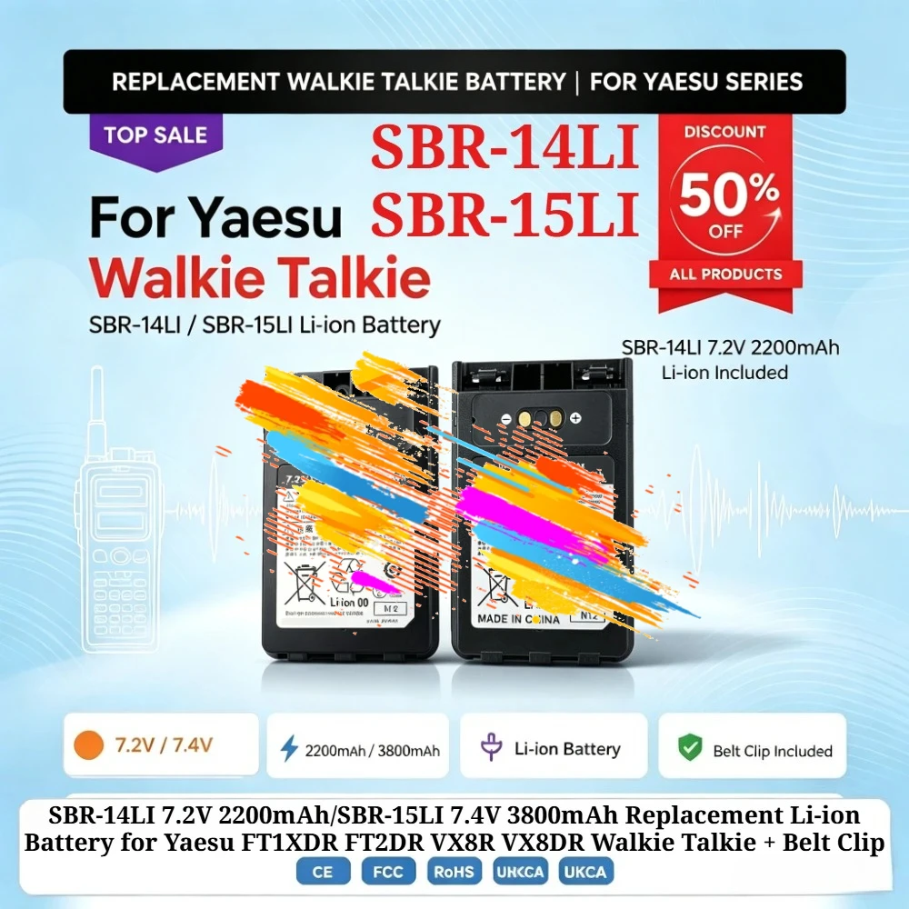 SBR-14LI 7.2V 2200mAh/SBR-15LI 7.4V 3800mAh Replacement Li-ion Battery for Yaesu FT1XDR FT2DR VX8R VX8DR Walkie Talkie+Belt Clip