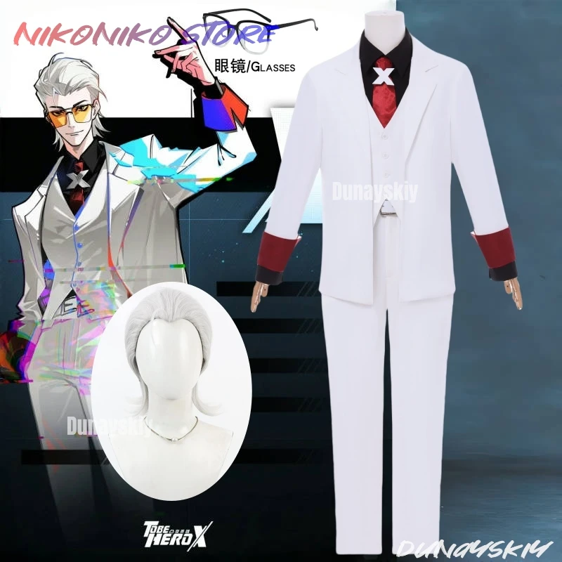 أزياء أنيمي تو بي هيرو X زي X كوسبفريه زي أنيمي الأبيض موحد نظارات كوسبريفري شعر مستعار للرجال لعب الأدوار زي حفلات الهالوين