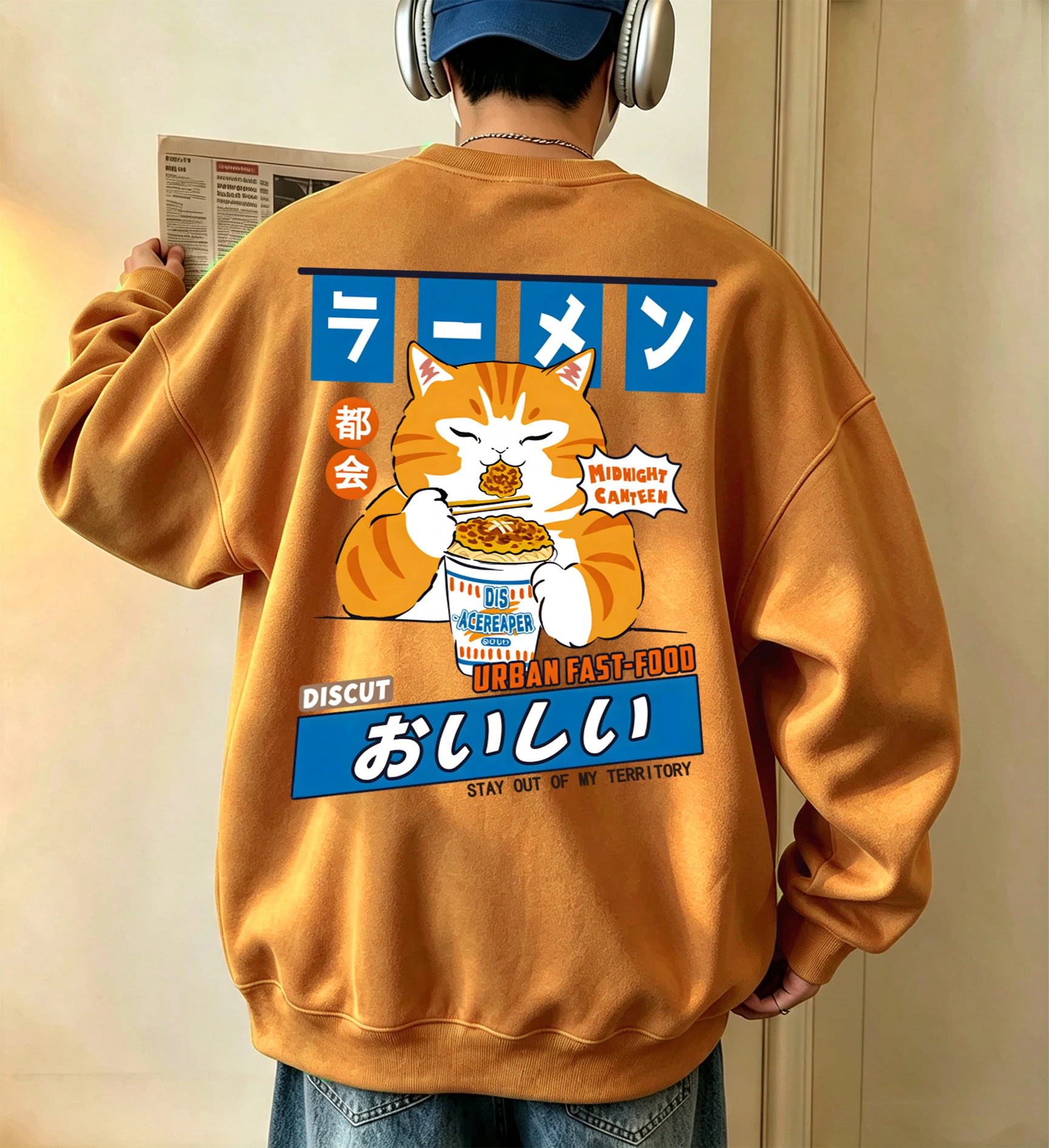 Cat Enjoying Instant Noodles Print Men Spring Autumn O-Neck Hoodless Tops Fashion Fleece Sweatshirts Sport Warm Unisex Clothes