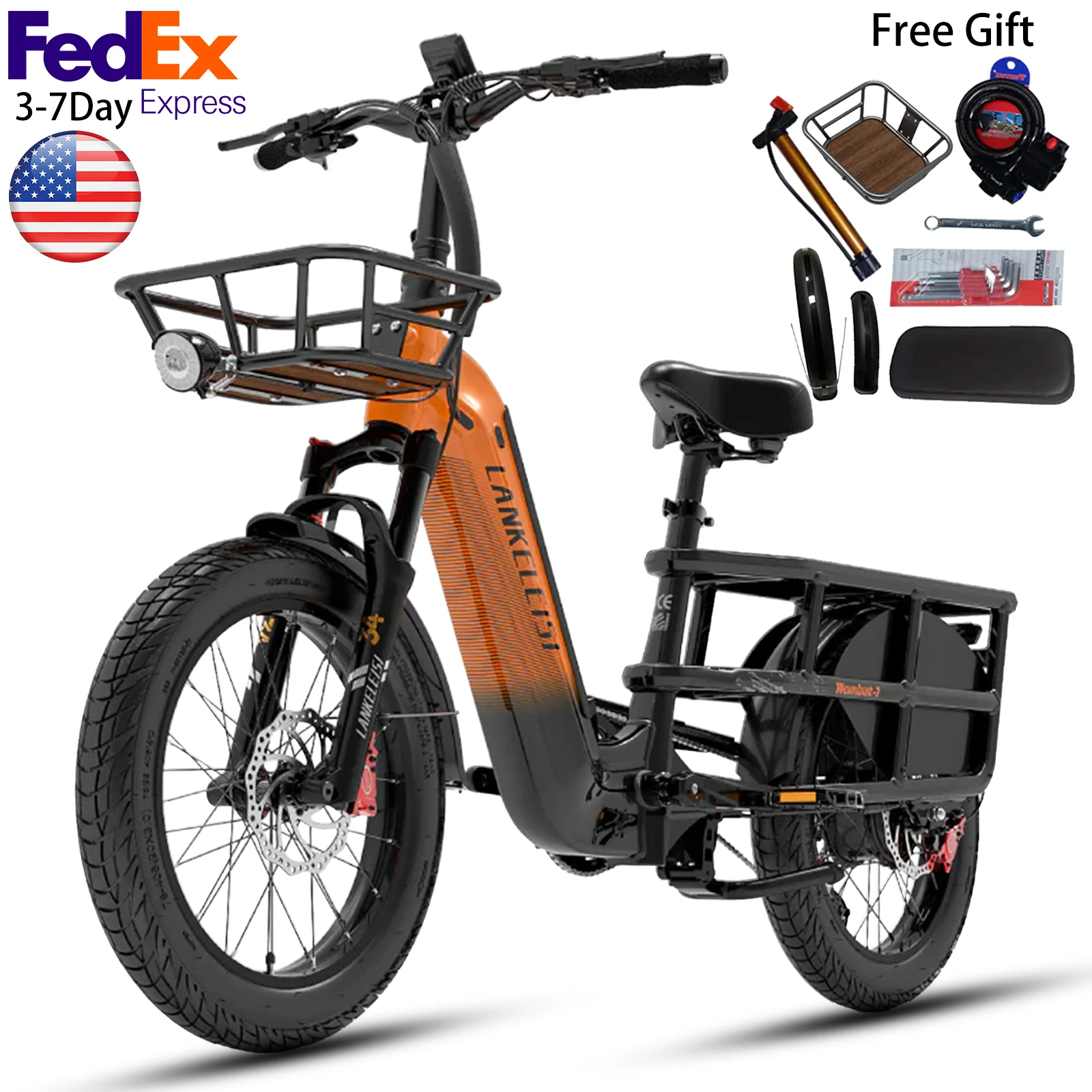 

Electric Cargo Bicycle Lankeleisi Wombat 1000W Motor All Terrain Adult Electric Bike 48V 20AH 20"x3.0" Fat Tire Max Range 100Km