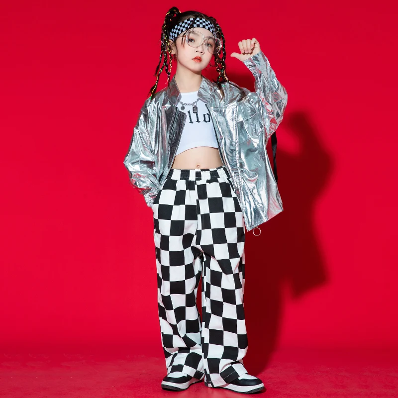 Kids Hip Hop Clothing Sequined Silver Jacket Tops Casual Pants Streetwear For Girl Boy Jazz Dance Costumes Clothes Kpop Outfits